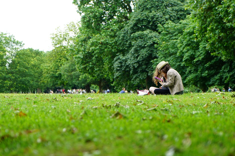 Woman reading in a verdant London park, a perfect serene outdoor scene.