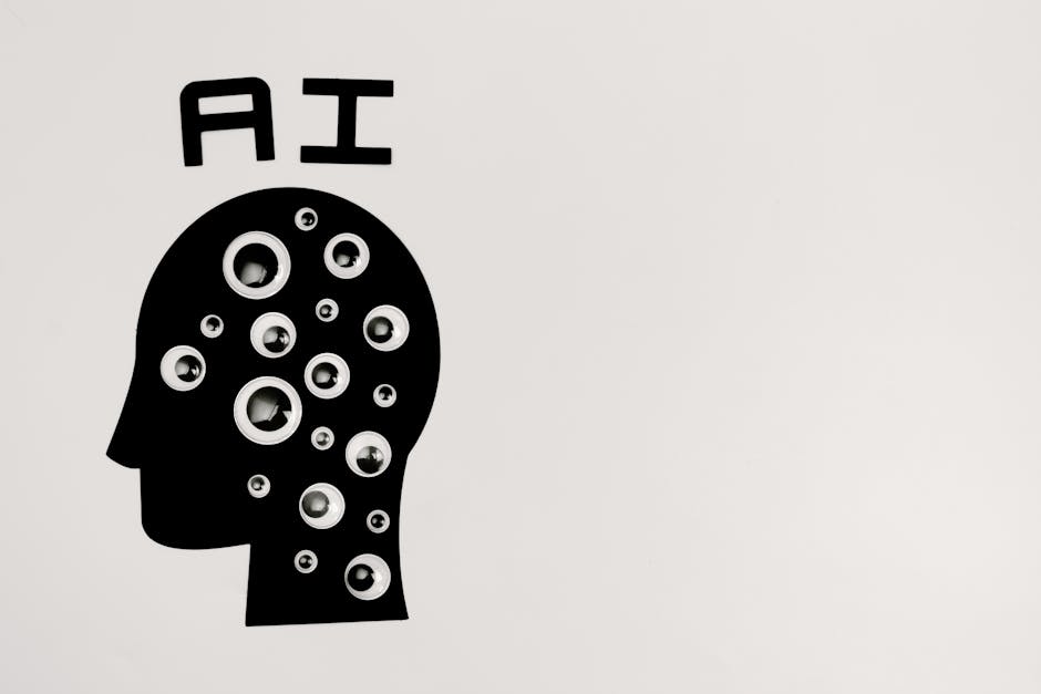 Abstract illustration of AI with silhouette head full of eyes, symbolizing observation and technology.